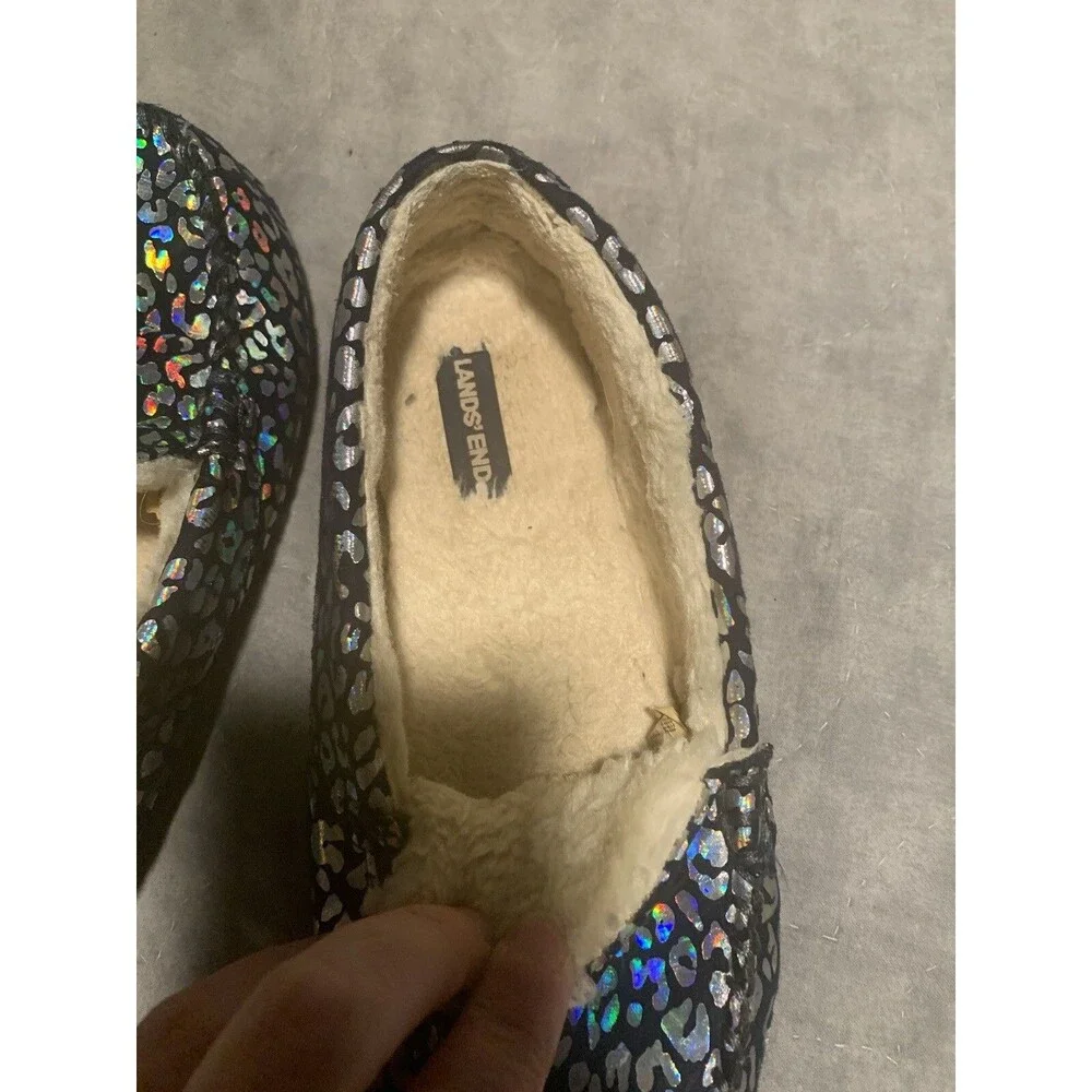 Girl's Land's End Shiny Animal Print Black & Silver Mocassins, Size 5 Used